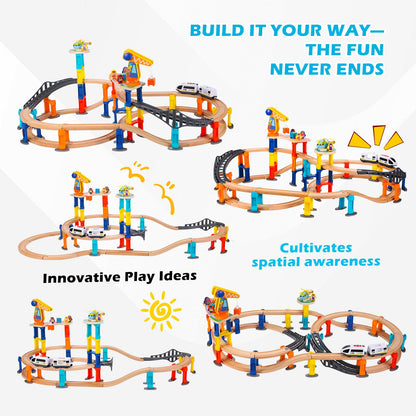 60Pcs Wooden Train Track Set, 203-inch Track Length, Train Bridge Toy Set for Toddlers, Scenario Building Blocks Toddler Toys with Airplane and Magnetic Crane, Birthday Gift Ideas for Boys and Girls