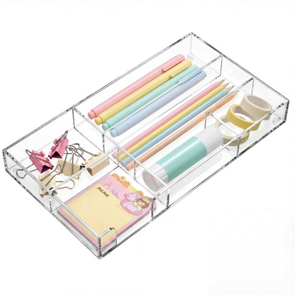 Briwooody Clear Acrylic Desk Drawer Organizer 11 x 6.1 x 1.38 Inch Storage Tray Organizer for Pens, Stationery, Desktop, Office, Bathroom, Kitchen, Makeup Supplies (6 Compartments)