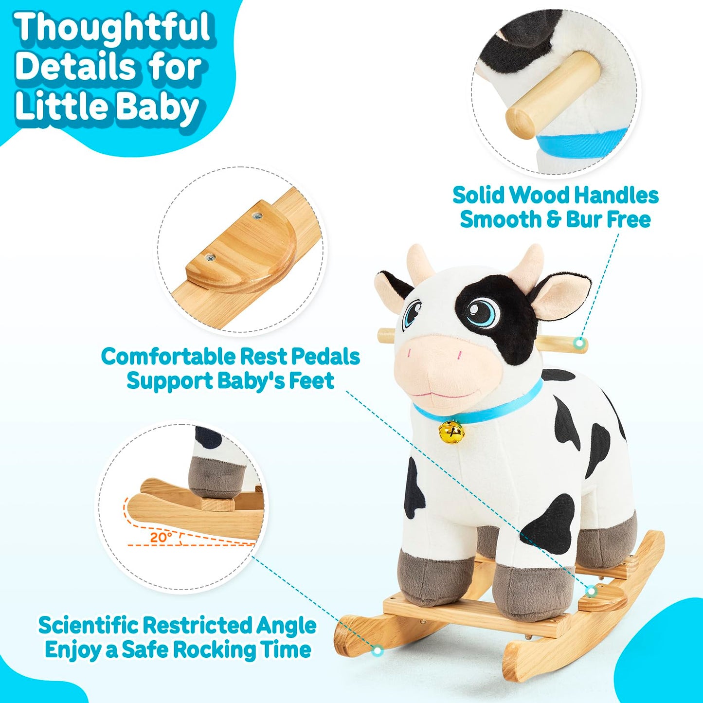 FUNLIO Cow Rocking Horse Ages 1-3, Adorable Baby Rocking Horse with Cuddly Head, Bright Sparkling Eyes & Jingling Bell, Stuffed Plush Ride-on Baby Rocker, Easy to Assemble, CPC & CE Certified