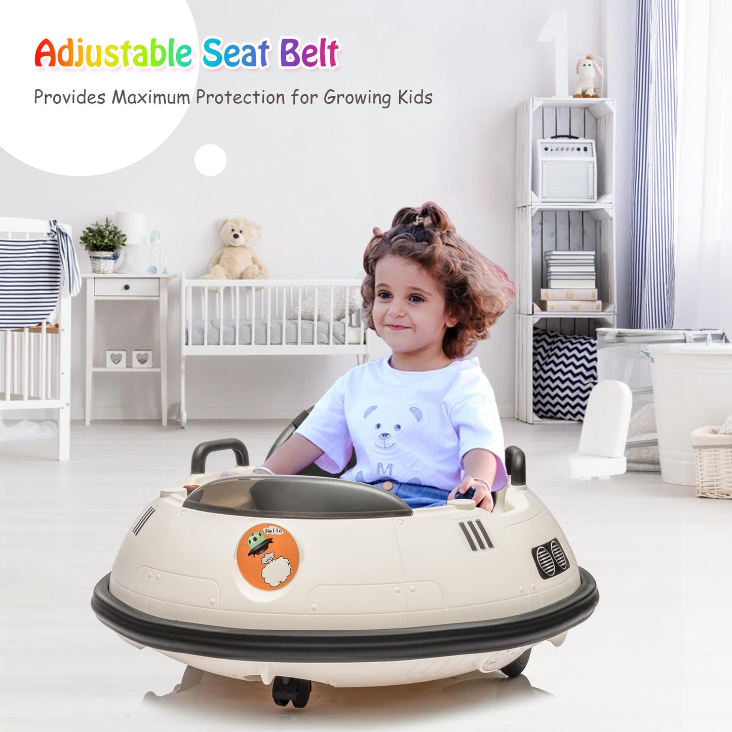 Ride On Bumper Car, 12V Electric Toddlers Car with Remote Control, Safety Belt, Music, Flashing Lights, 360 Degree Spin, Bumper Car for Toddlers,Kids,White