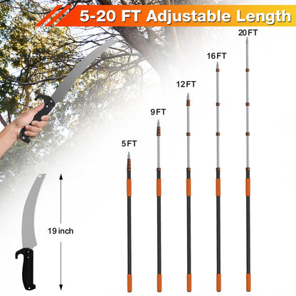AgiiMan 26FT Reach Pole Saws for Tree Trimming, Pole Saw with 5-20FT Telescoping Extension Pole, Pruning Saw with 19" 3X Detachable Saw, Non-Slip Handle, Tree Trimmer for Garden Palms Shrubs