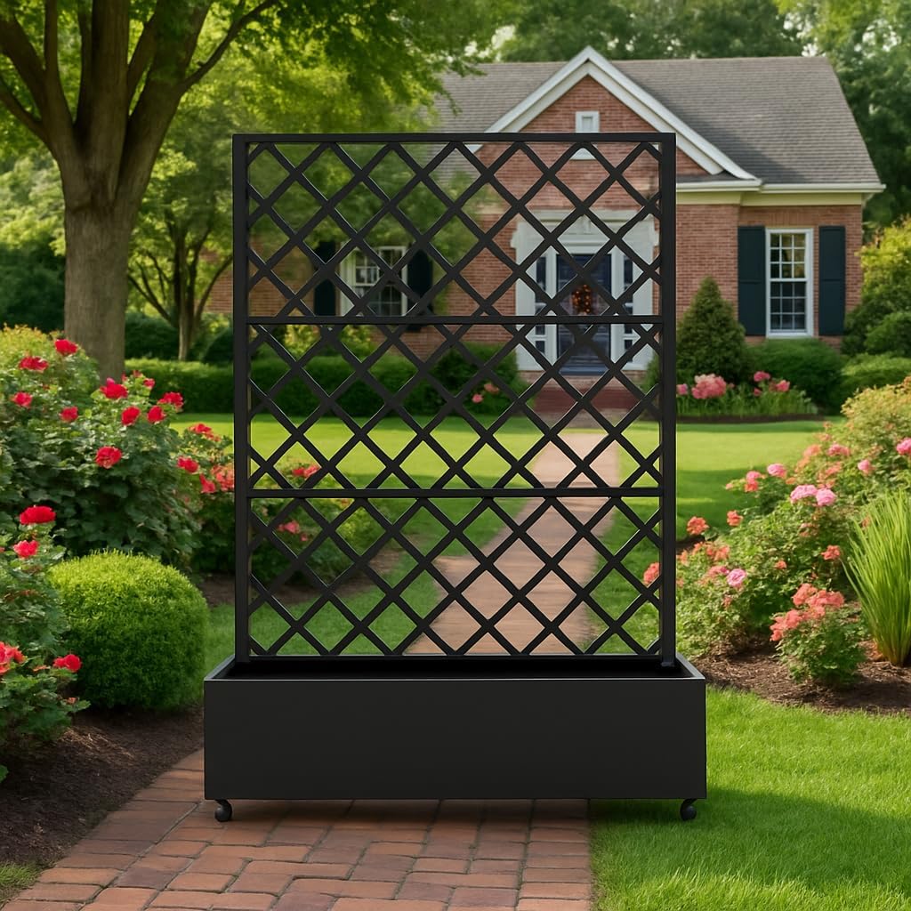 IDEALHOUSE 72"x47" Galvanized Raised Garden Bed with Diamond Trellis, 12" Deep Planter Box on Locking Wheels, Drainage Holes for Climbing Plants, Flowers, Patio, Balcony & Small Spaces, Black