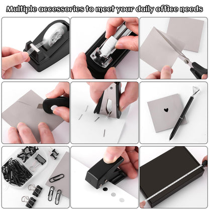 Black Desk Accessory Kit Cute Office Supplies Set Desktop Stapler Set Includes Staple Remover Hole Punch Tape Dispenser Ballpoint Pen Scissor Mini Box Cutter Tape Measure Paper Clips Sticky Notes