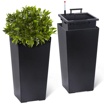 GarveeLife 22.5 in Tall Planters Set of 2, Outdoor＆Indoor Black Planter Pots, High Front Porch Planter Pots with Drainage Holes＆Water Level Monitor＆Inner Bucket, Automatic Watering, Black