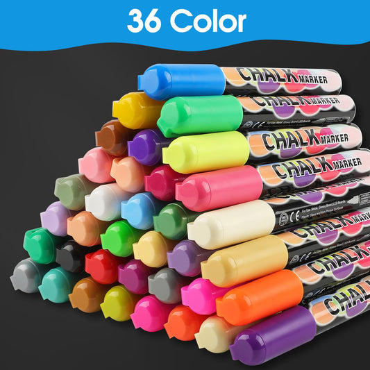 MaxGear Liquid Chalk Markers, 36 Color Wet Erase Chalk Pens with Reversible Bullet and Chisel Tips, 6mm Washable Markers for Chalkboard, Glass, Window, Mirror, Blackboard, 36 Pack with Storage Bag