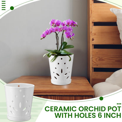 Suclain 2 Pack Orchid Pots with Holes Ceramic Orchid Planters with Drainage Holes and Tray for Root Health Repotting New Plants Air Circulation Indoor/Outdoor Flower Pots(6.5 Inch,White)