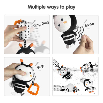 TUMAMA Black and White Baby Toys for 3 6 9 12 Months,Plush Hanging Rattles,Newborn Stroller Toys for Boys and Girls,4 Pack