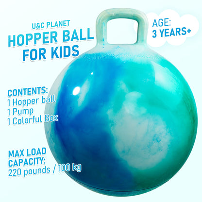 U&C Planet Hopper Ball, 18 inches Bouncy Ball with Handle for Kids Age 3-6, Hoppity Hop Sit and Bounce Jumping Hopping with Pump & Gift Box, Great Gift for Birthday Christmas, Green Clouds