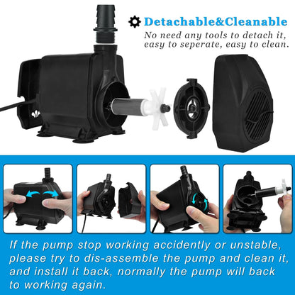 PULACO Large Flow: 800GPH（3000L/H）Submersible Pump with 6.5 ft Tubing, 45Watt Durable Fountain Water Pump With 4 Nozzles For Above 80 gallons Fish Tank or Pond