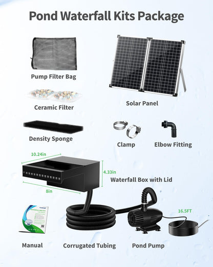 POPOSOAP 55W Solar Pond Waterfall Spillway with Fountain Pump, 304 Stainless Steel & Filtration System Pond Waterfall, 9.8FT Tubing for Koi Ponds, Garden Fountains & Landscape Water Features-P5552S