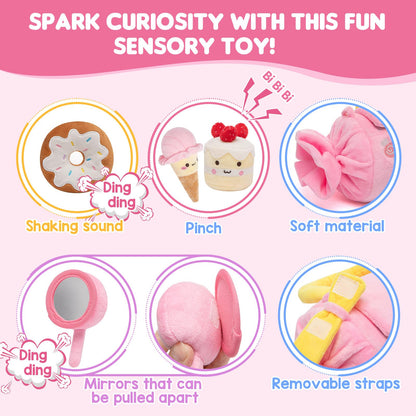 GNAYUIJ Baby Toys 6-12 Months,My First Candy Bag Plush Toy-5 Sensory dessert Soft Toys with Rattle, Crinkle Paper, Squeaker, Mirror,Busy Montessori Soft Toys for Toddlers,1st Birthday for Babies Girls