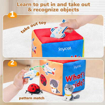 JoyCat Mystery Soft Box+Soft Baby Beehive with 5 Soft Sensory Bees - Honeybee Plush Toy for 0-12 Months - Rattle, Crinkle Paper, Squeaker, Mirror, Busy Toy for Babies 6-12 Months, 0-3 Years Old