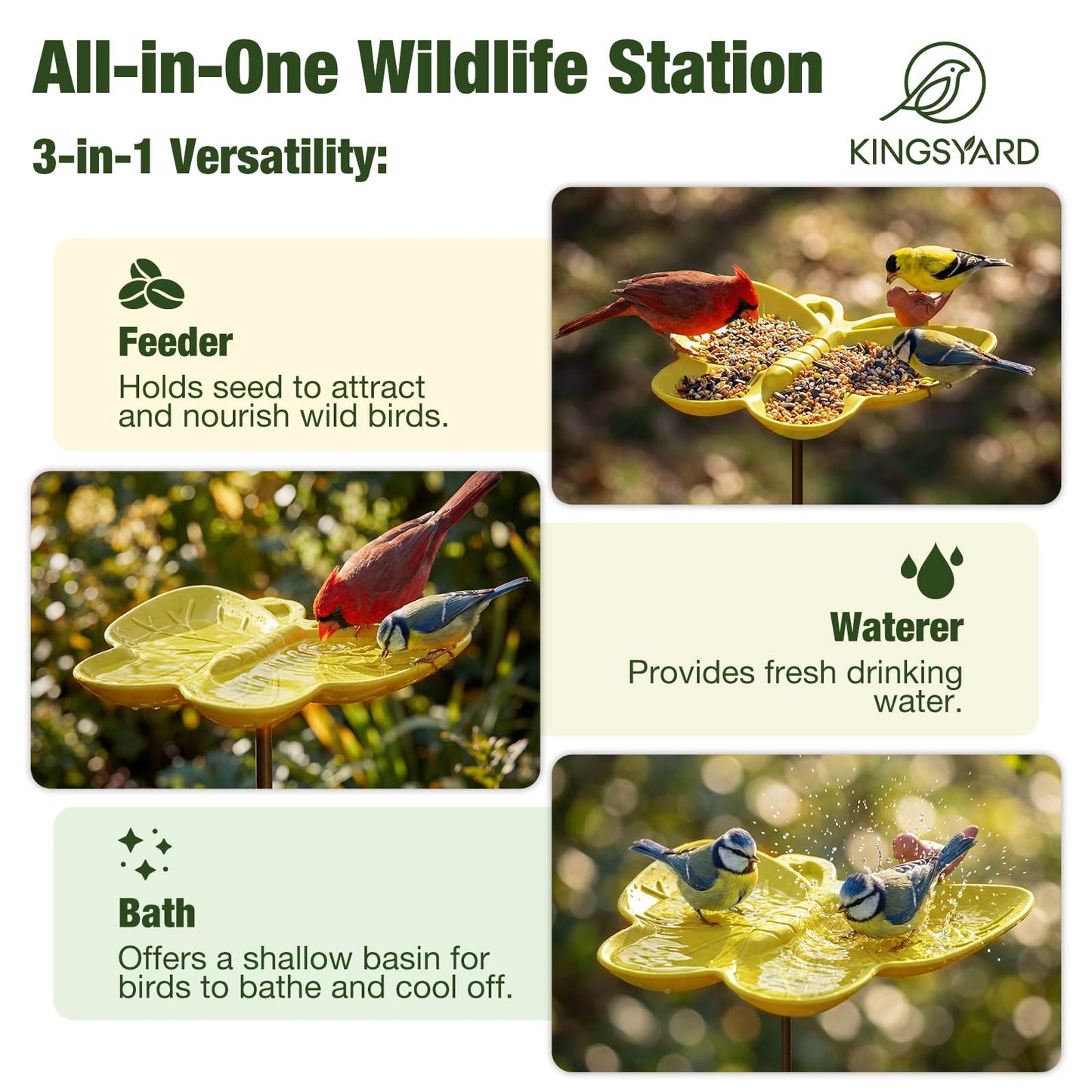 Kinsgyard 2 Pack Free Standing Tray Bird Feeders with Adjustable Pole, Wild Bird Bath for Outdoor Garden Yard Decor, Large Seed Capacity, Easy to Clean and Refill, Yellow & Green