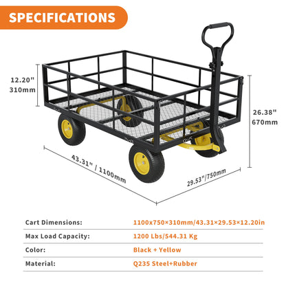3-in-1 Heavy-Duty Steel Garden Cart, 1200 Lbs Garden Wagon, with 13 Inch All-Terrain Tires and Removable Mesh Side Panels, 180° Rotating Handle, Metal Utility Yard Trailer, Outdoor Gardens Wagon Cart