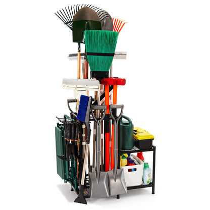 Garden Tool Organizer with 2-Tier Steel Shelves, Holds 50 Long-Handled Tools/Rakes/Brooms/Shovles for Garage Organization and Storage, Shed, Outdoor, Lawn, Heavy-Duty Steel, Black, Easy Assembly