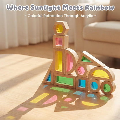 WOODENFUN Wood Building Blocks Set for Kids,Rainbow Stacker Stacking Game Construction Toys Set Preschool Colorful Learning Educational Toys, Geometry Wooden Blocks for Boys Girls