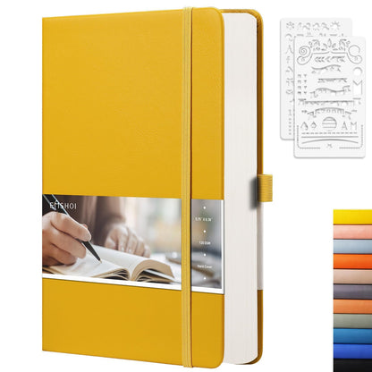 EMSHOI A5 Dotted Notebook Hardcover Leather Journal, 256 Pages 120gsm Thick Paper A5 Journal 5.75"x8.38", 16 Perforated Pages & Inner Pocket, Durable Dot Grid Notebook for Bullet Journaling, Yellow