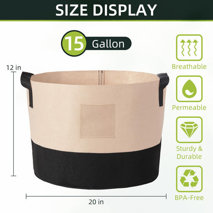 LITLANDSTAR 15 Gallon Fabric Grow Bags, 10 Pack Heavy Duty Thickened Nonwoven Plant Grow Bags with Handles and Label Bags, Fabric Plant Pots for Growing Vegetables Flowers Herbs (Black Mixed Camel)