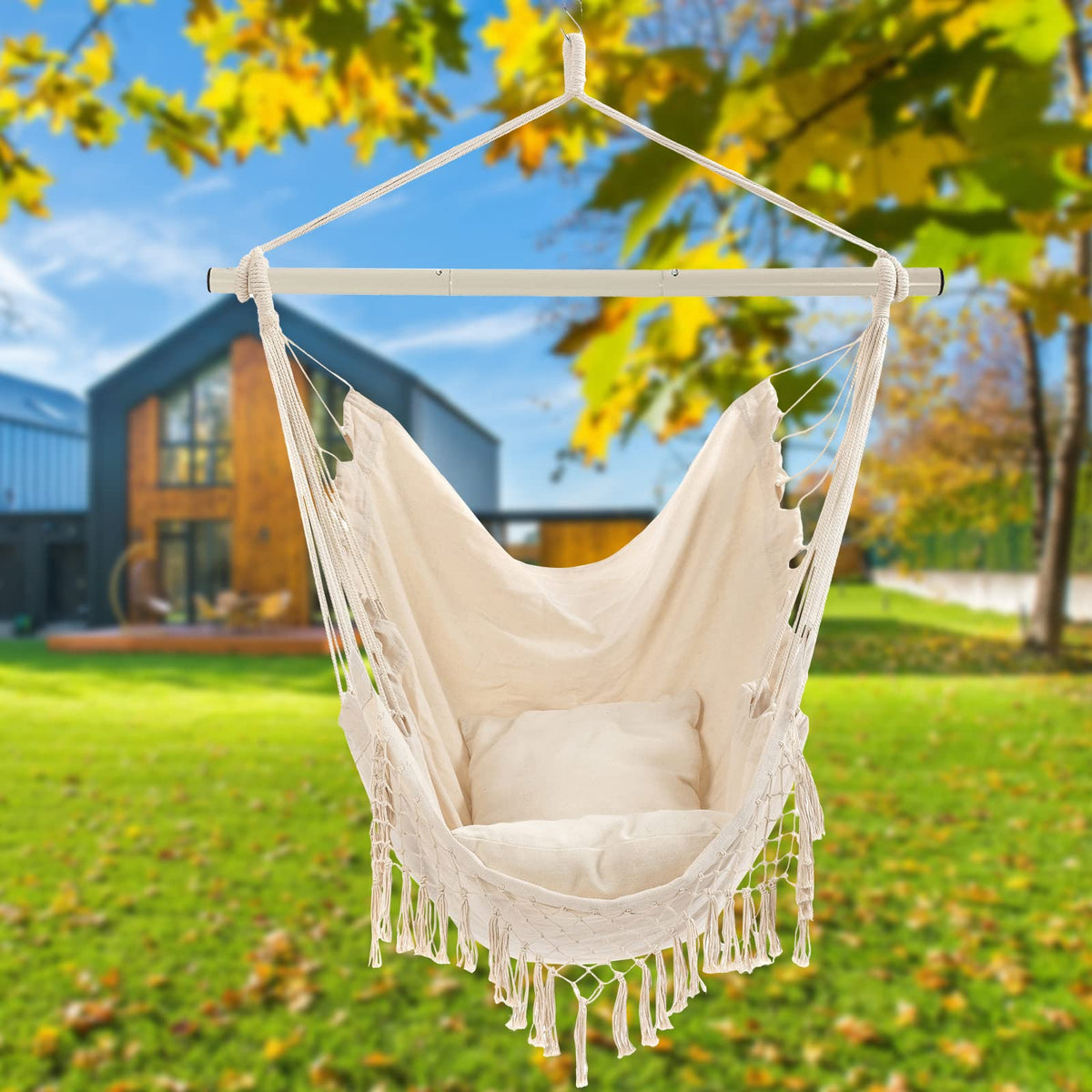 Hammock Chair, Hanging Rope Swing Seat with 2 Cushions,Macrame Hanging Chair Side Pocket with High Load-Bearing Metal Rod,for Indoor, Outdoor, Extra Comfortable