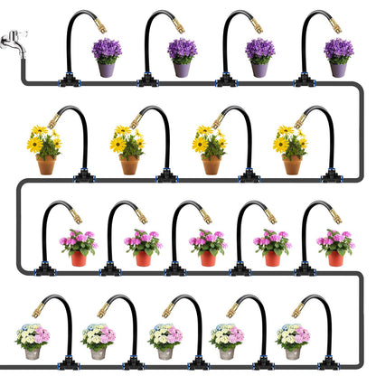 HEKIWAY 60FT Drip Irrigation System for Garden – Automatic Watering Kit with Solid Brass Metal Connectors, 360° Bendable Tubing &16 Adjustable Nozzles for Greenhouse, Lawn, Yard & Plants