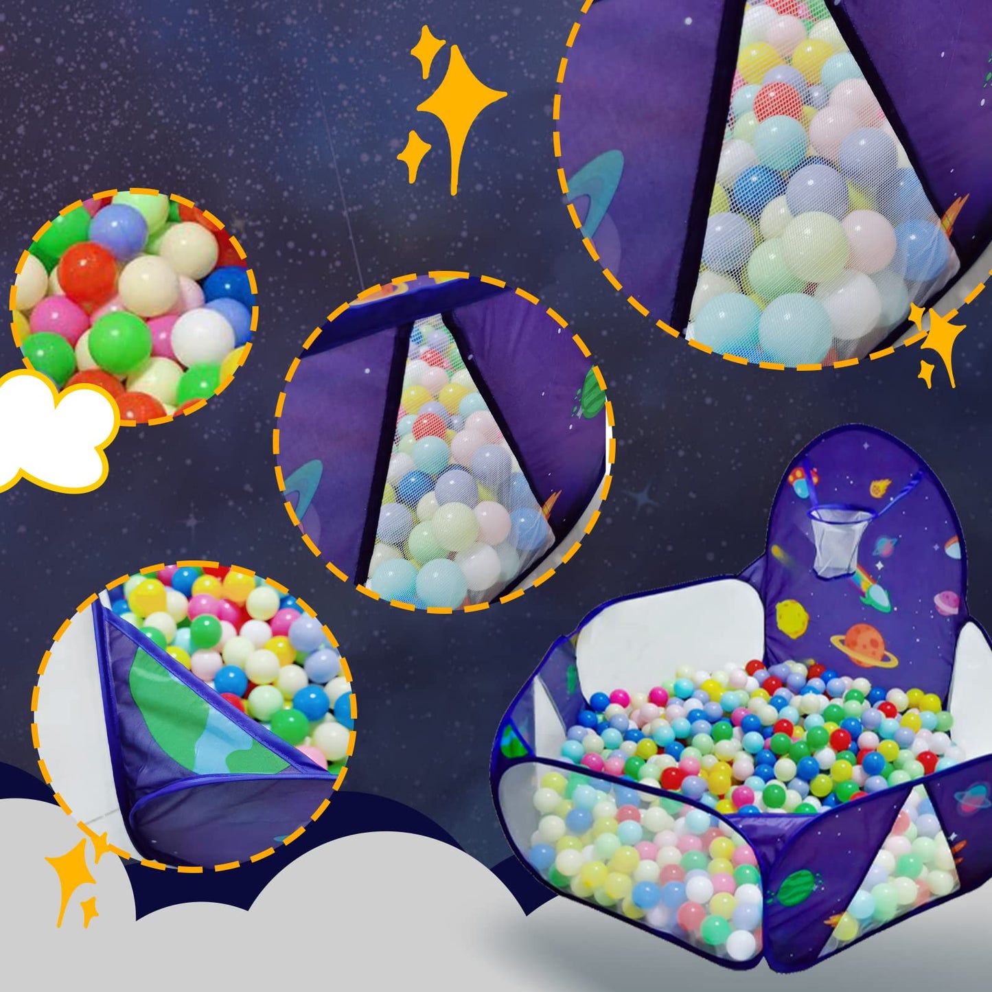 LOJETON Kids Ball Pit, Pop Up 3+Children Play Tent, Toddler Ball Pool Baby Crawl Playpen with Basketball Hoop, Portable Toys for Girls Boys, 4 ft / 120 cm, Balls Not Included, Spaceship