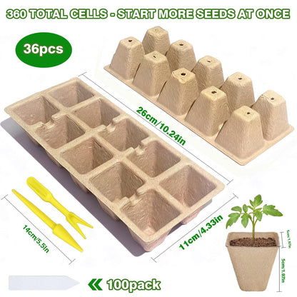 Kimdozee 360 Cells Seed Starter Tray, 36 Pack Germination Peat Pots with 100 Labels, Plant Starter Kit for Seedlings
