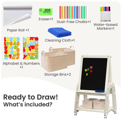 hoopyosms Art Easel for Kids 2-4 with Wheels, Whiteboard, Chalkboard & Paper Roll Adjustable Height 3-in-1 Toddler Easel for 2-4 Year Old Painting Easel for Kids with Storage & Accessories, Grey
