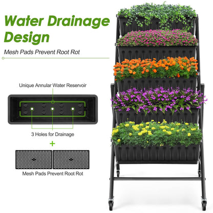 SEJOV 4FT Vertical Raised Garden Bed, 5-Tier Vertical Garden Planter with Drainage System, Larger Elevated Planter Box for Herb Vegetables Flowers Indoor Outdoor Planters (Black with Lockable Wheels)