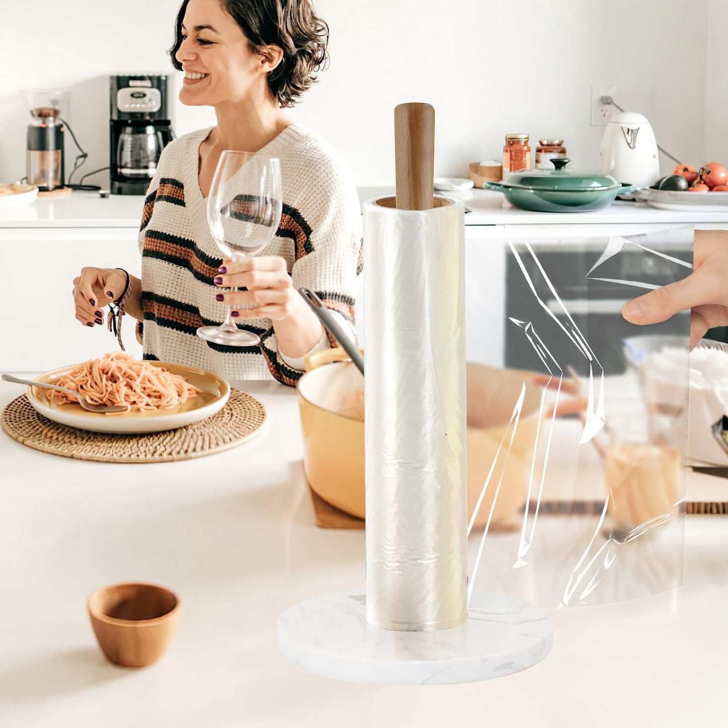 Buruis Wood Paper Towel Holder, Marble Base Modern Decorative Countertop Standing Rolls Holder for Kitchen, Toilet, Pantry and Bathroom (Marble Base White)