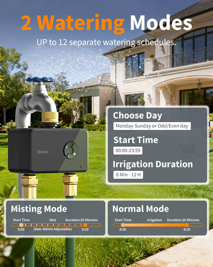 Diivoo Brass WiFi Sprinkler Timer 2 Zone, Smart Water Timer for Garden Hose Remote Control,Compatible with Alexa and Google Home,12 Irrigation Plans,Rain Delay & Manual Watering for Garden,Lawn,Yard