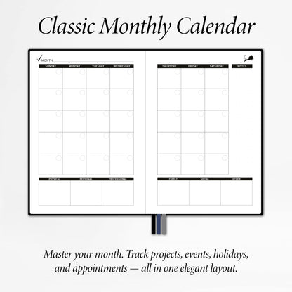 Daily Planner, Calendar & Life Organizer to Improve Time-Management, Productivity & Happiness | Vegan Leather Hardcover Notebook with Blank Dates, Undated 6 Months Hourly Planner for Men & Women, 24 Hour Agenda (Black)