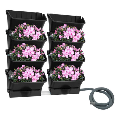 kunghei Vertical Wall Planter for Indoor Plant-Walls Mounted Pot with 2 Drainage Tray 8 Pack, with 6.56ft Drainage Pipe for Decor, Plastic Pots Balcony Planters, Plants Hanging (8, Black)