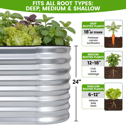 VIREO GARDEN Galvanized Raised Garden Bed Outdoor 24'' Deep | Oval Metal Garden Beds with Easy Assembly & Planter Box for Planting Deep Root Vegetables Fruits Flowers, 4x2x2ft Silver