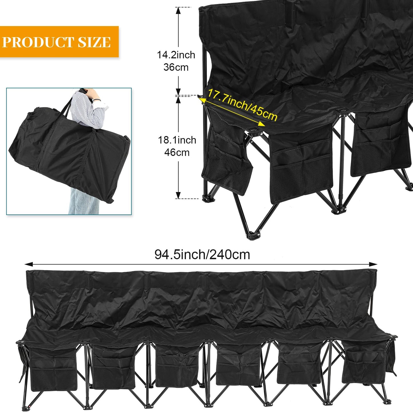 Wonderjune Folding Soccer Bench Portable Sports Team Bench with Pockets and Carrying Bag for Sports Team Outdoor Camp Travel Soccer Practice(Black,6 Seat)