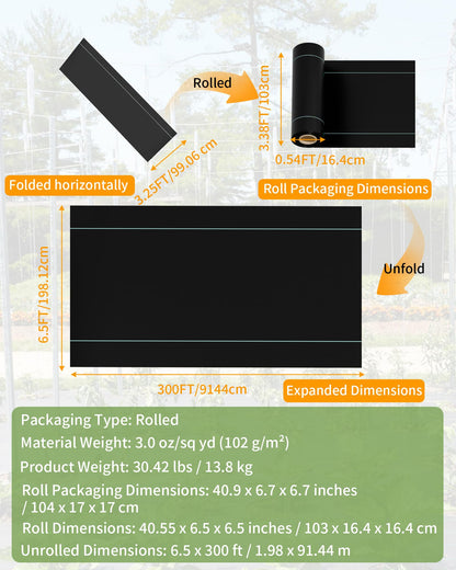 Pterying 6.5ftx300ft Weed Barrier Landscape Fabric Heavy Duty, Premium 3oz Garden Geotextile Fabric, Outdoor Weed Blocker Fabric, for Driveway Mats, Erosion Control, Ground Cover Weed Barrier