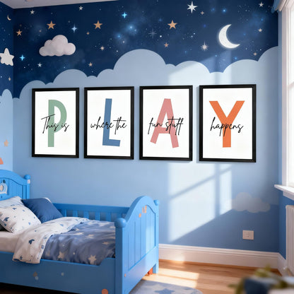 Cute Alphabet Play Framed Wall Art Set of 3, Natural Educational Alphabet Wooden Sign for Baby Girl Kid Boy Toddlers, Black Boho Preschool English Letters Nursery Decor for Homeschool Playroom