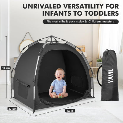 YAVIL Pack N Play Blackout Cover, ONE-Click Folding Baby Sleep Pod Crib Tent,Breathable Baby Travel Crib Canopy Tent,Block Out 95%+ Light,Baby Travel Essential