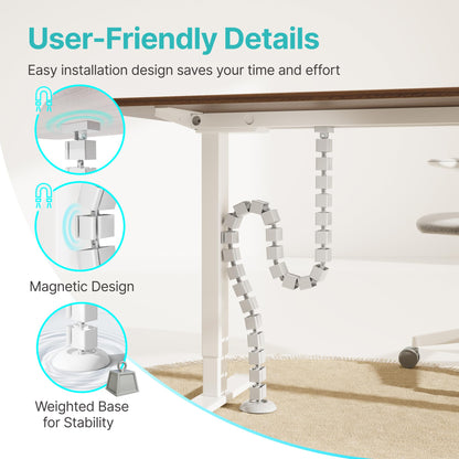 PEGZONE Under Desk Cable Management Spine – Flexible Cable Snake Organizer for Standing Desk, Tool-Free Magnetic Vertebrae Wire Management for 0.4"-2" Table, White