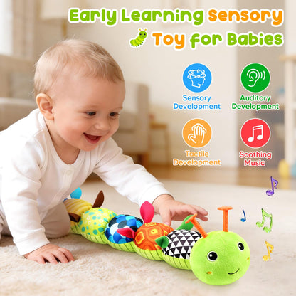 Baby Toys Musical Caterpillar, Infant Stuffed Animal for 0-6 6-12 Months with Crinkle and Rattles, Tummy Time Sensory Toys Newborn Boys Girls Gifts 0 3 6 9 12 Months - Green