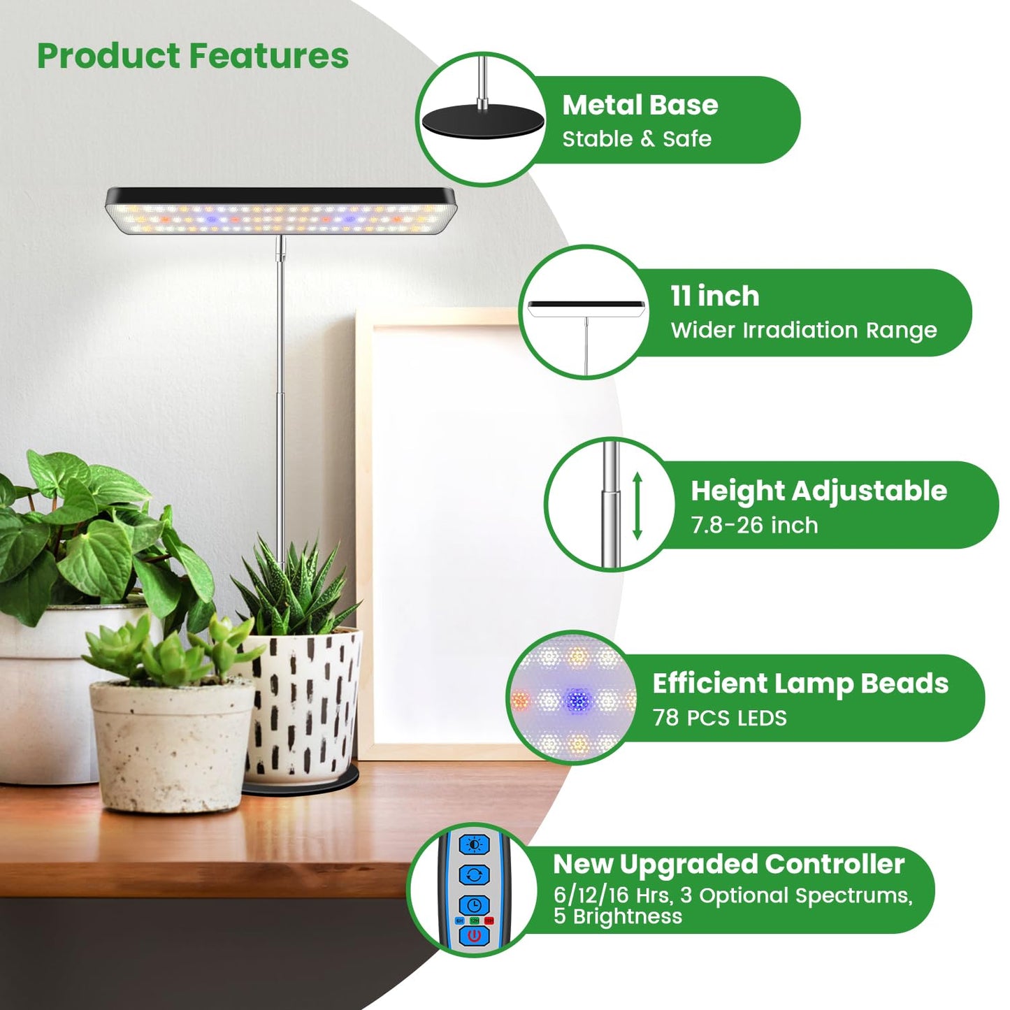 Wiaxulay Grow Lights, Full Spectrum Plant Light for Indoor Plants, Height Adjustable Desktop Grow Lamp with Auto Timer 6/12/16Hrs, 3 Lighting Modes,5 Brightness,Ideal for Potting Soil, 2 Pack