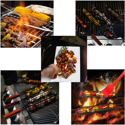 TQ-OUTDOOR Kabob Grilling Set - 6 Non-Stick Grill Baskets & 6 Stainless Steel Skewers - Long Handle, 15.5 Inch, Steel