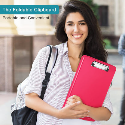 4 Pieces Clipboard with Storage Plastic Storage Clipboard Nursing Foldable Clip Board with Low Profile Clip for Student Teacher Nurse Employee, 9. 5 x 13. 5 Inch (Black, Blue, Green, Rose Red)