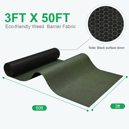 EnonGarden 3x50ft Weed Barrier Fabric & Landscape Fabric,Green Black Heavy-Duty Non-Woven Ground Cover, Easy Setup Weed Control Mat for Garden, Yard, Farm, Orchard, Fruit Trees