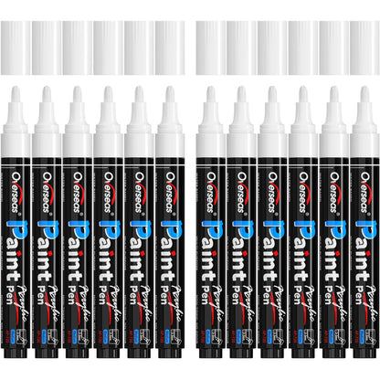 Overseas White Paint Pens - Permanent Acrylic Paint Markers 12 Pack, Water-Based, Quick Dry, Waterproof Marker Pen for Rock, Wood, Plastic, Metal, Canvas, Glass, Fabric, Tire, Mugs. Medium Tip