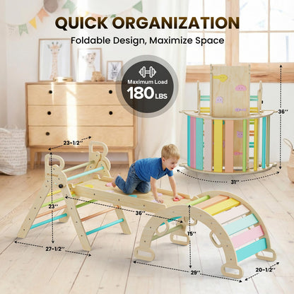 BlueWood Pikler Triangle Set 7in1 Foldable Baby Climbing Toys Wooden Montessori Climbing Set with Arch&Ramp&Ladder Baby Climber Indoor Jungle Gyms for Toddlers Montessori Toys - Rose Garden