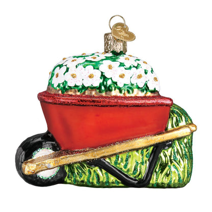 Old World Christmas Wheelbarrow with Flowers Glass Blown Ornament for Christmas Tree, Handcrafted Holiday Decoration, Garden Collection
