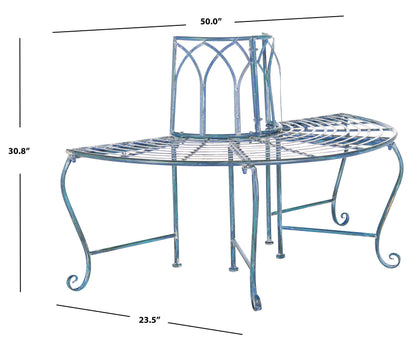 SAFAVIEH Outdoor Furniture Collection – Abia Antique Blue Distressed Wrought Iron 50-Inch Curved Tree Bench, Garden & Patio Seating (PAT5018C)