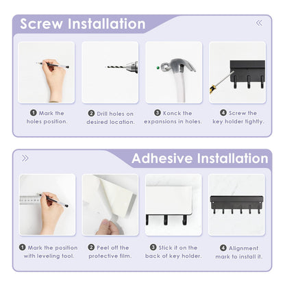 VIS'V Key Holder Wall Mount, Compact Adhesive Key Rack with Tray, 6 Hooks, 2 Mount Options, Black