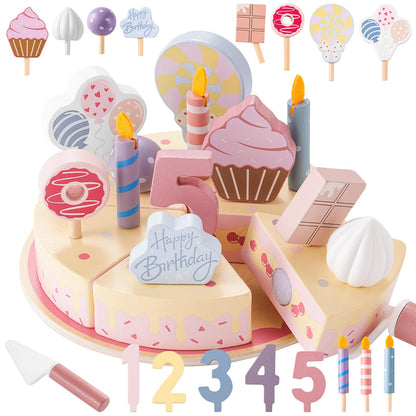 ZRUNBO Birthday Party Cake Toys, Wooden Play Food Set for Kids Toddlers, Play Kitchen Toys for Boys Girls, Educational Toys