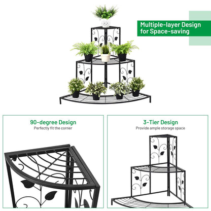 S AFSTAR Corner Plant Stand, 3-Tier Mental Plant Stand, Plant Flower Pot Display Rack, Pot Holder Shelf, Rustproof Ladder Potted Shelf, Outdoor Plant Stands for Patio Garden Yard Balcony (Black)